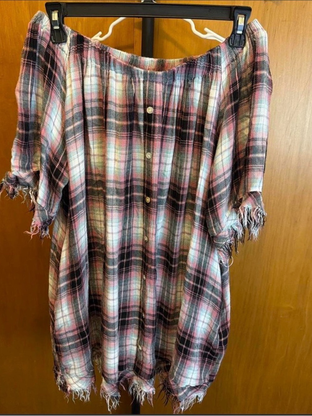 easel Pink and Black Plaid Off-Shoulder Tunic with Frayed Hem
